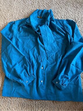 100% Silk- Blue Tie-Neck Blouse